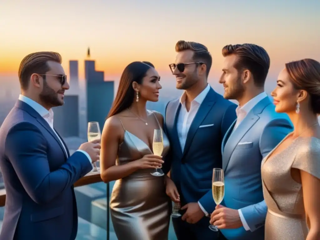 Evento exclusivo en la azotea: inversores de lujo en la ciudad Elegante evento exclusivo para inversores de propiedades de lujo en la azotea, con impresionante ciudad al atardecer y luces brillantes
