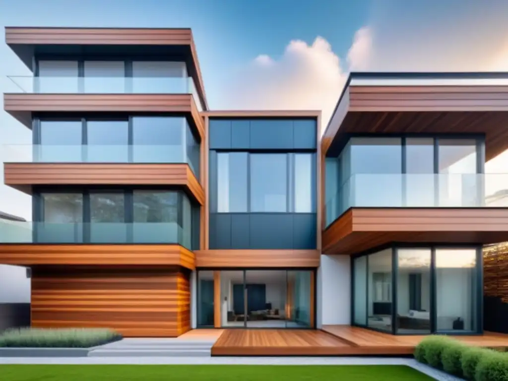 Edificio residencial: fusión arquitectónica tradicional y moderna Elegante fusión de diseño residencial tradicional vs ultramoderno en un edificio vanguardista con jardín en la azotea y entrada de madera y cristal
