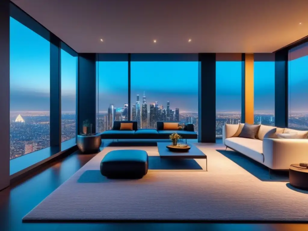 Smart home futurista con vista nocturna de la ciudad Elegante hogar inteligente con tecnología avanzada y vista nocturna de ciudad