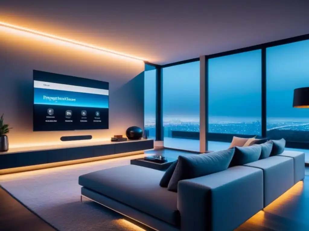 Interior futurista de casa inteligente de lujo Elegante interior de casa inteligente futurista con sistema de iluminación, clima y entretenimiento automatizados
