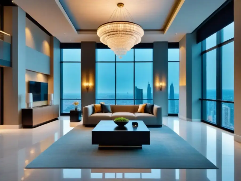 Lobby de lujo con cristalera y vista a la ciudad Un elegante lobby de apartamentos modernos con suelos de mármol, muebles contemporáneos y una impresionante araña de cristal colgando del alto techo