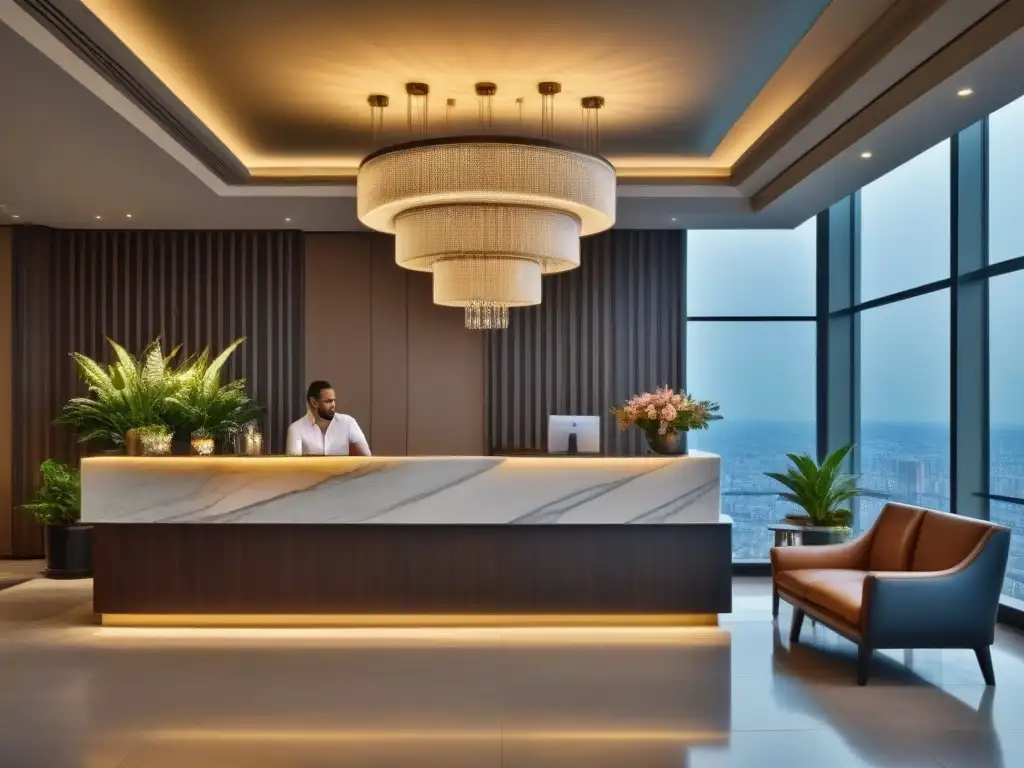 Recepción de hotel de lujo: elegancia y modernidad en la ciudad Un elegante lobby de hotel moderno con mostrador de mármol, mobiliario contemporáneo y ventana con vista nocturna de la ciudad