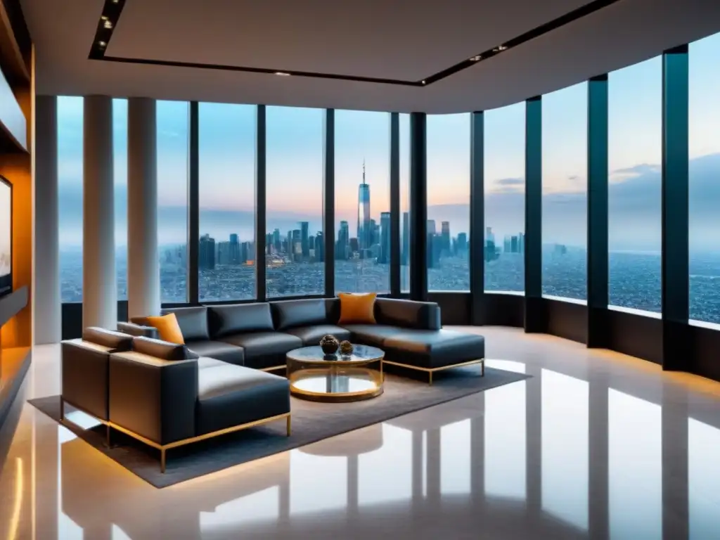 Oficina inmobiliaria de lujo con diseño moderno y elegante Elegante lobby inmobiliario con suelo de mármol, ventanales panorámicos y mobiliario de cuero contemporáneo