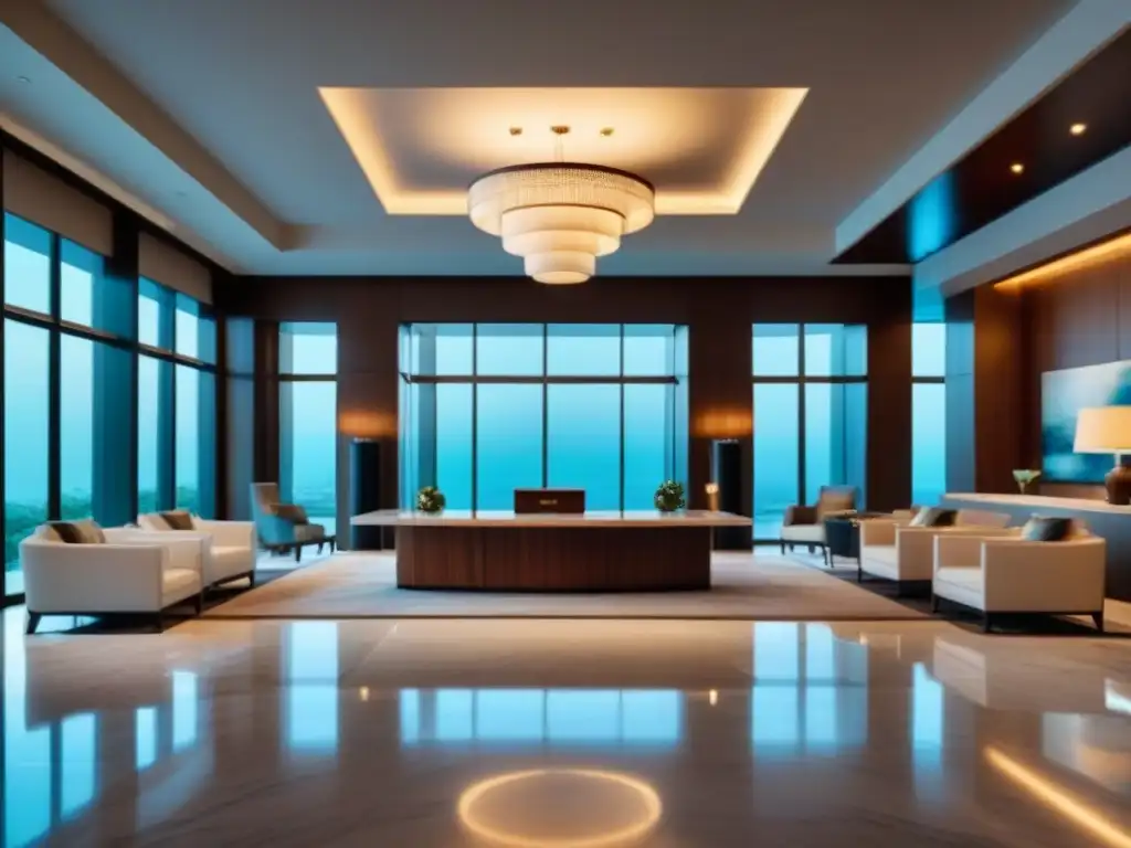 Un elegante lobby de un lujoso resort moderno con suelos de mármol, muebles contemporáneos y una gran obra de arte abstracto en la pared