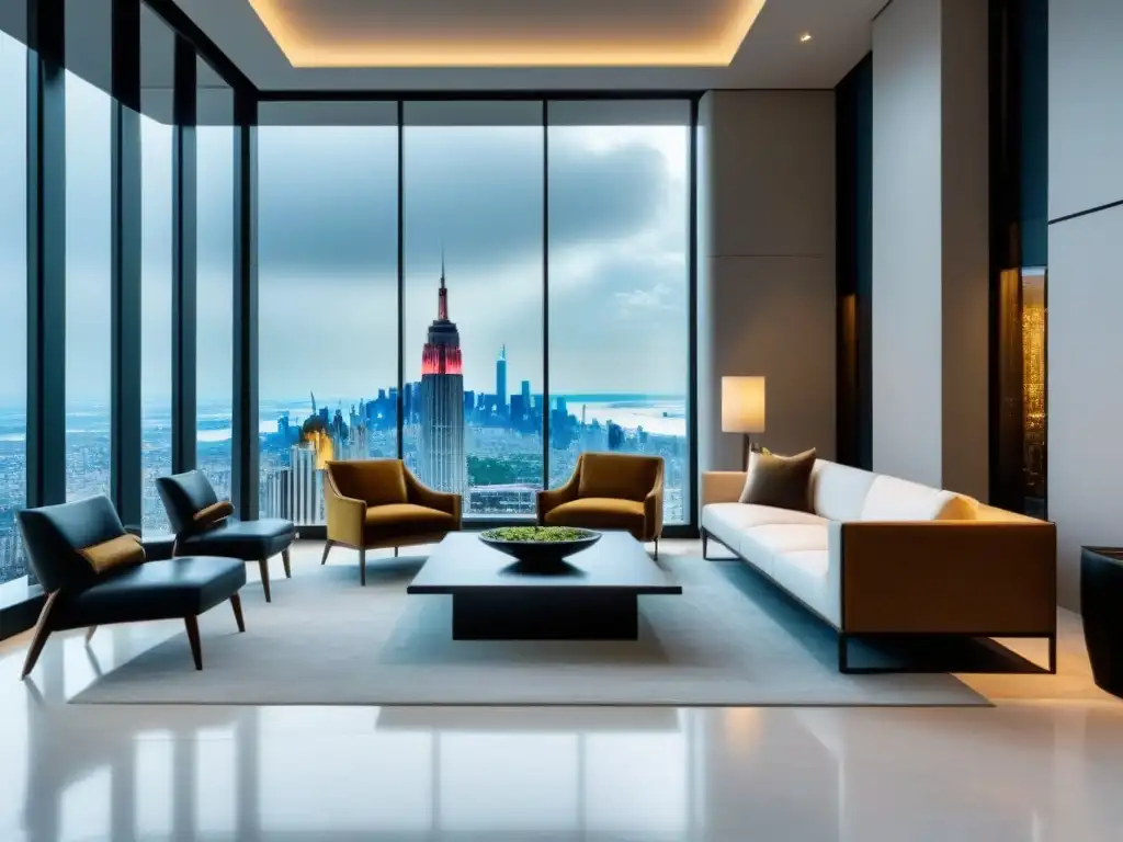 Oficina moderna y lujosa con vista a la ciudad Elegante lobby de oficina con suelos de mármol, arte contemporáneo y vistas a la ciudad