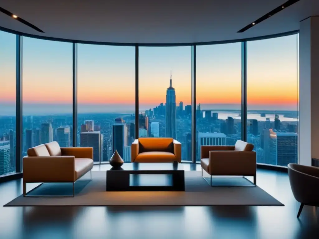 Elegante lobby de oficina con vista panorámica de la ciudad y mobiliario moderno