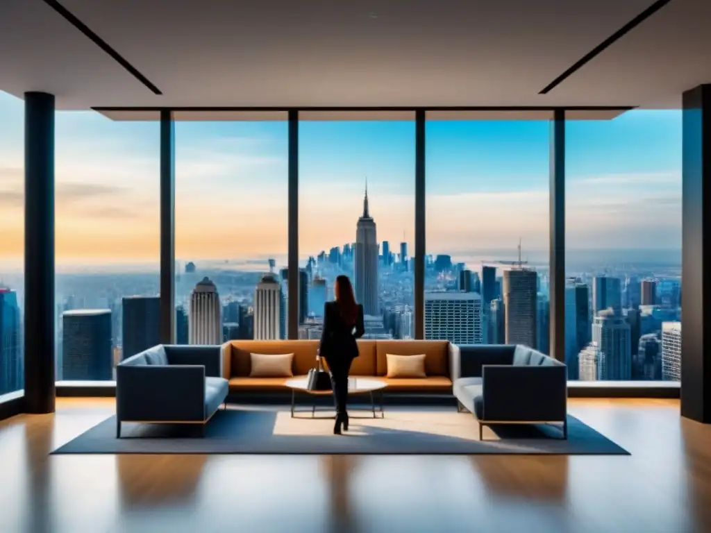 Oficina moderna de lujo con vista urbana y tecnología inmobiliaria global Elegante lobby de oficina con vista a la ciudad, mobiliario contemporáneo y pantallas digitales mostrando propiedades internacionales en tiempo real