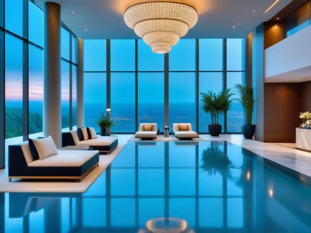 Exclusivo lobby de residencia wellness: lujo y serenidad Elegante lobby residencial de bienestar con ventanales y spa sereno
