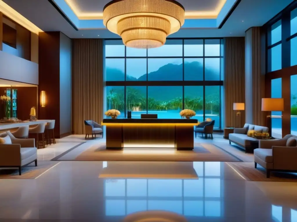 Recepción de lujo en resort moderno Un elegante lobby de resort con decoración contemporánea y personal atento