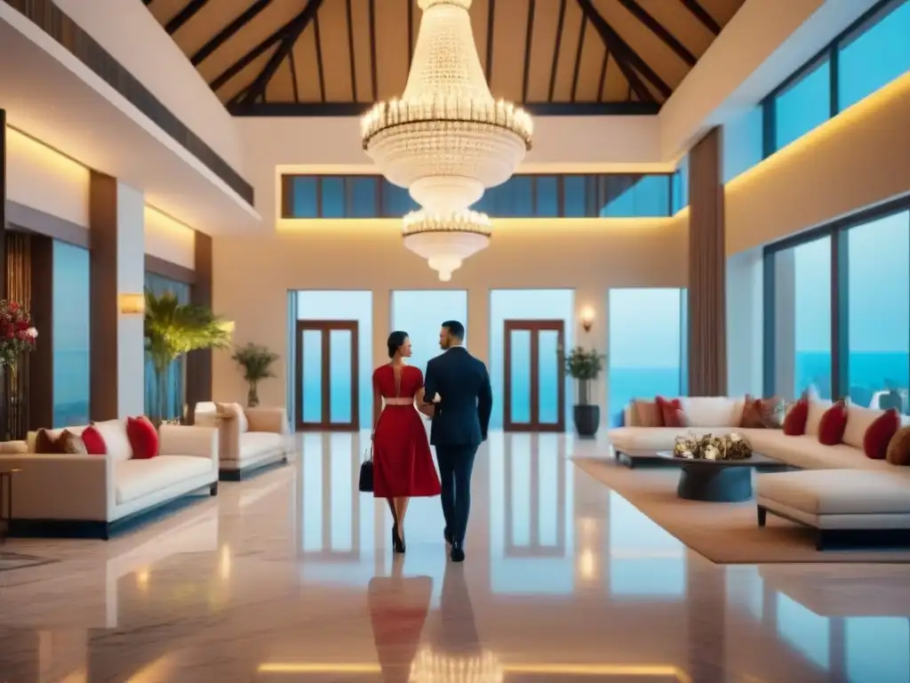 Exclusivo lobby de resort moderno y lujoso con elegante decoración Elegante lobby de resort de lujo con suelos de mármol, una escalera de hierro forjado y un imponente candelabro