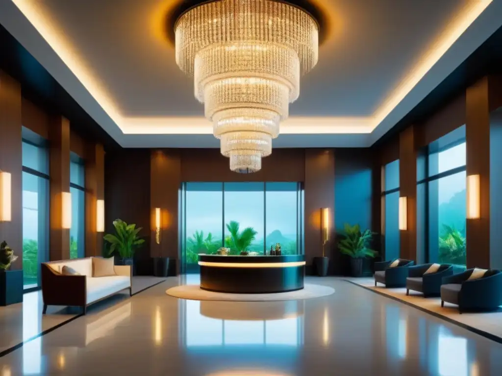 Recepción de hotel de lujo: elegancia y exclusividad Un elegante lobby de resort de lujo con suelos de mármol, muebles contemporáneos y una impresionante lámpara de cristal colgando del techo alto