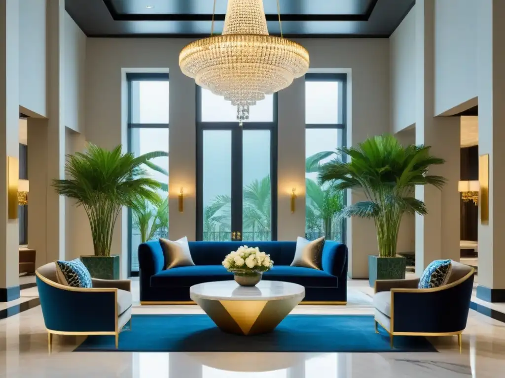 Esplendor y lujo en el lobby de un resort moderno Elegante lobby de resort con decoración interior de lujo, chandelier de cristal, muebles de terciopelo y plantas tropicales