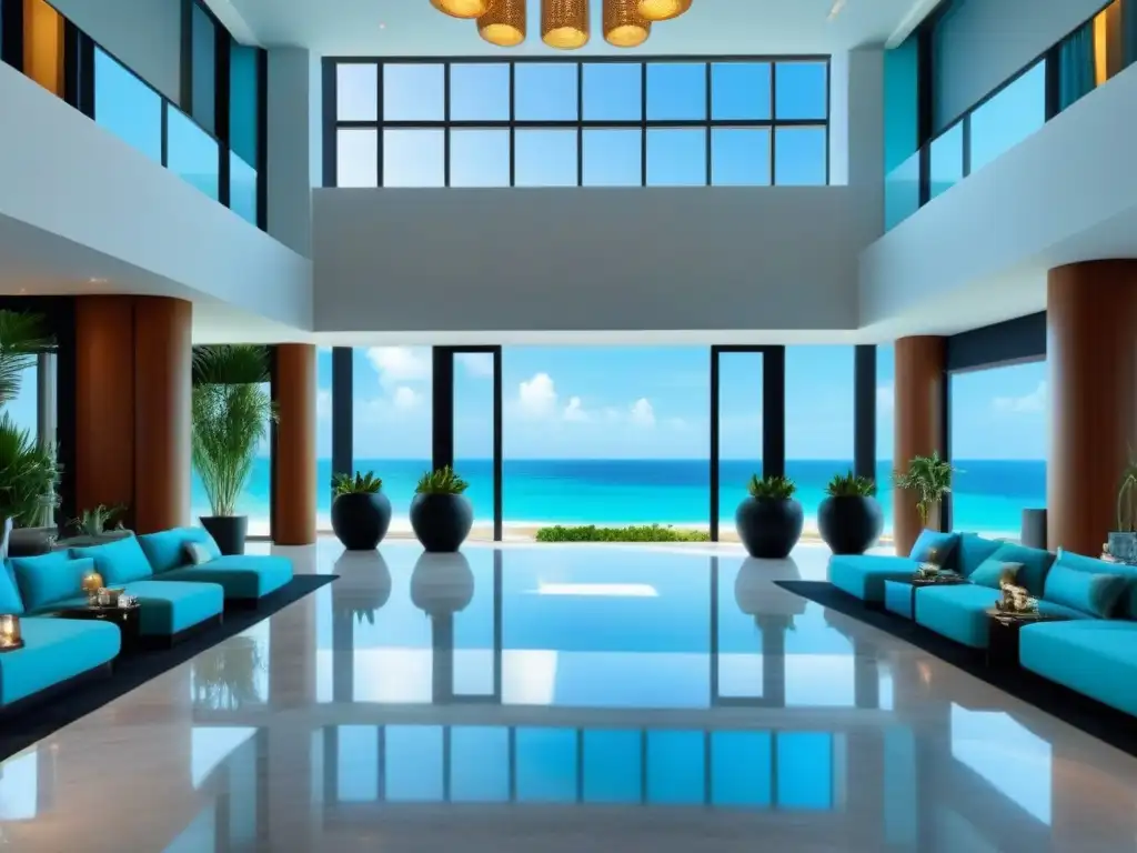 Exclusivo lobby de resort con vista al mar Un elegante lobby de resort moderno con suelo de mármol, una cascada, ventanales panorámicos y vista al océano turquesa