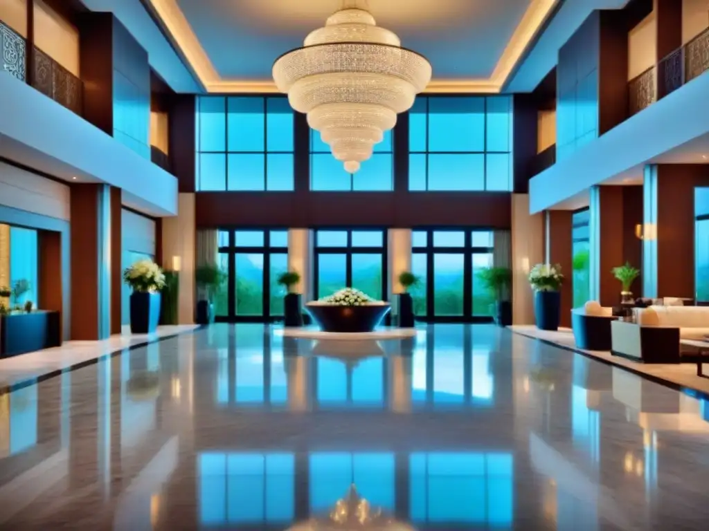 Exclusivo lobby de resort: lujo y sofisticación Elegante lobby de resort con mármol, muebles modernos y lujoso candelabro