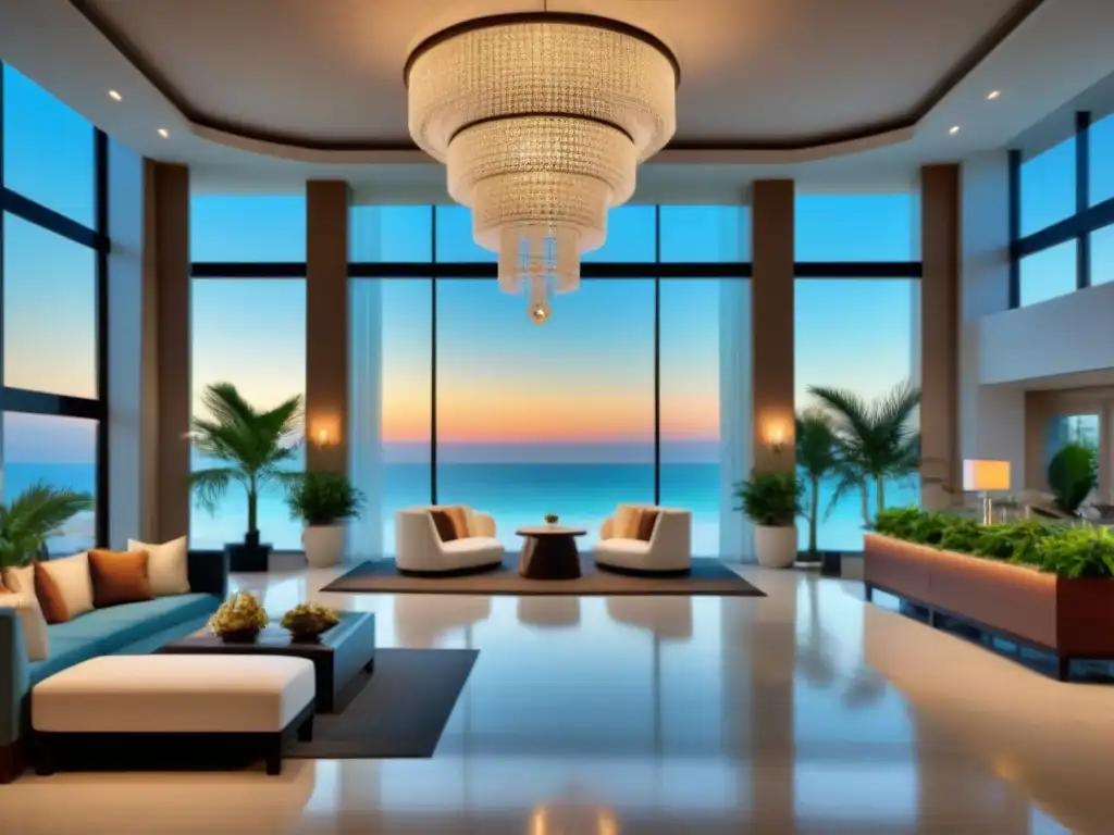 Recepción de resort de lujo: exclusividad y elegancia Elegante lobby de resort con pareja registrándose, rodeados de lujo y confort