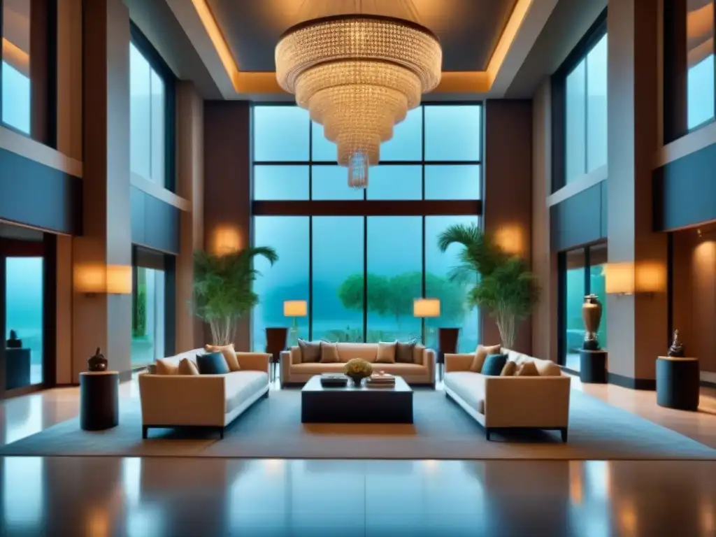Exclusivo lobby de resort con decoración elegante y sofisticada Un elegante lobby de resort de tiempo compartido de lujo con muebles modernos, arte contemporáneo y una majestuosa araña
