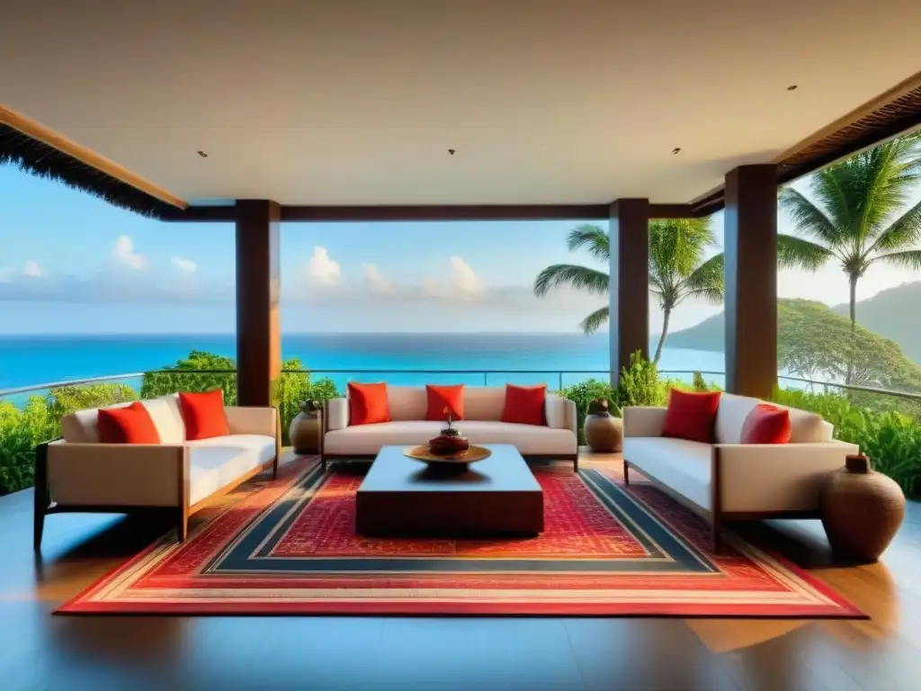 Resort de lujo con artesanía local y vista al mar Elegante lobby de resort, integrando tradiciones locales en un entorno tropical vibrante y lujoso