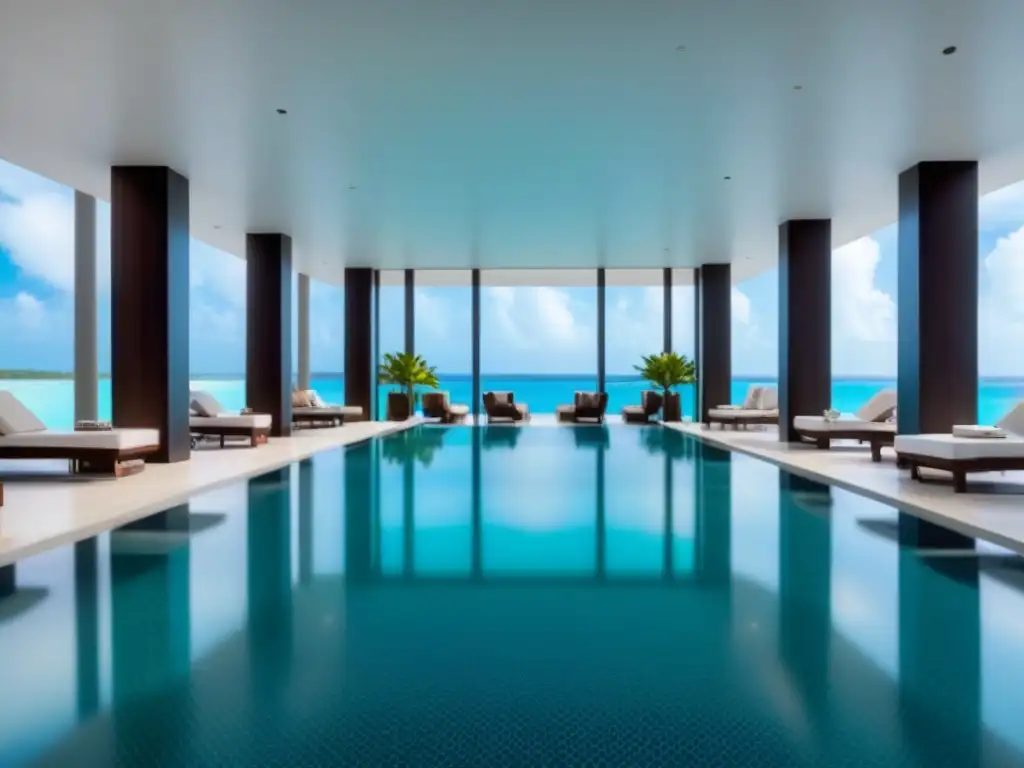 Exclusivo lobby de resort con piscina infinita y jardines tropicales Elegante lobby de resort con ventanales, piscina infinita y jardines tropicales