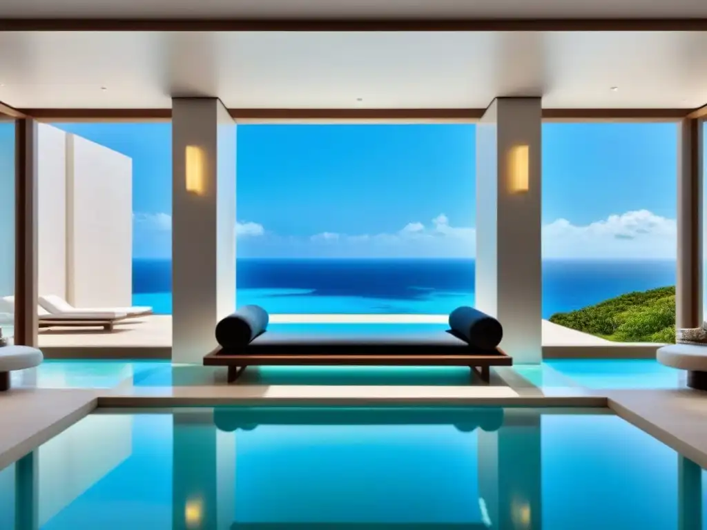 Recepción de lujo en resort vacacional con arte abstracto y vista al mar Elegante lobby de resort con vista a la piscina infinita y arte abstracto