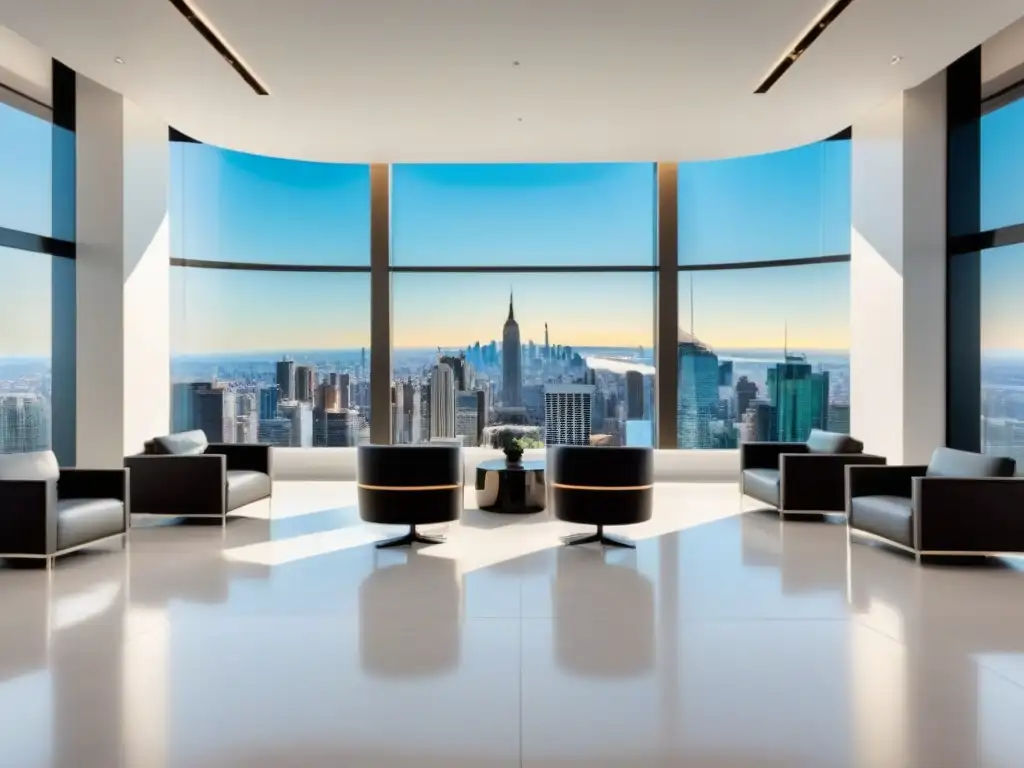 Oficina de lujo con vista a la ciudad: diseño contemporáneo y elegante Elegante lobby con vista a la ciudad, suelos de mármol y mobiliario de diseño
