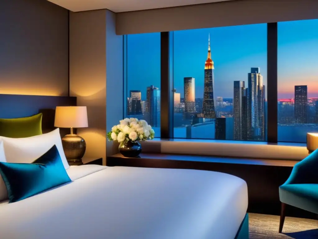 Suite de hotel de lujo con vistas a la ciudad de noche Un elegante y lujoso dormitorio de hotel con decoración moderna y detalles exquisitos