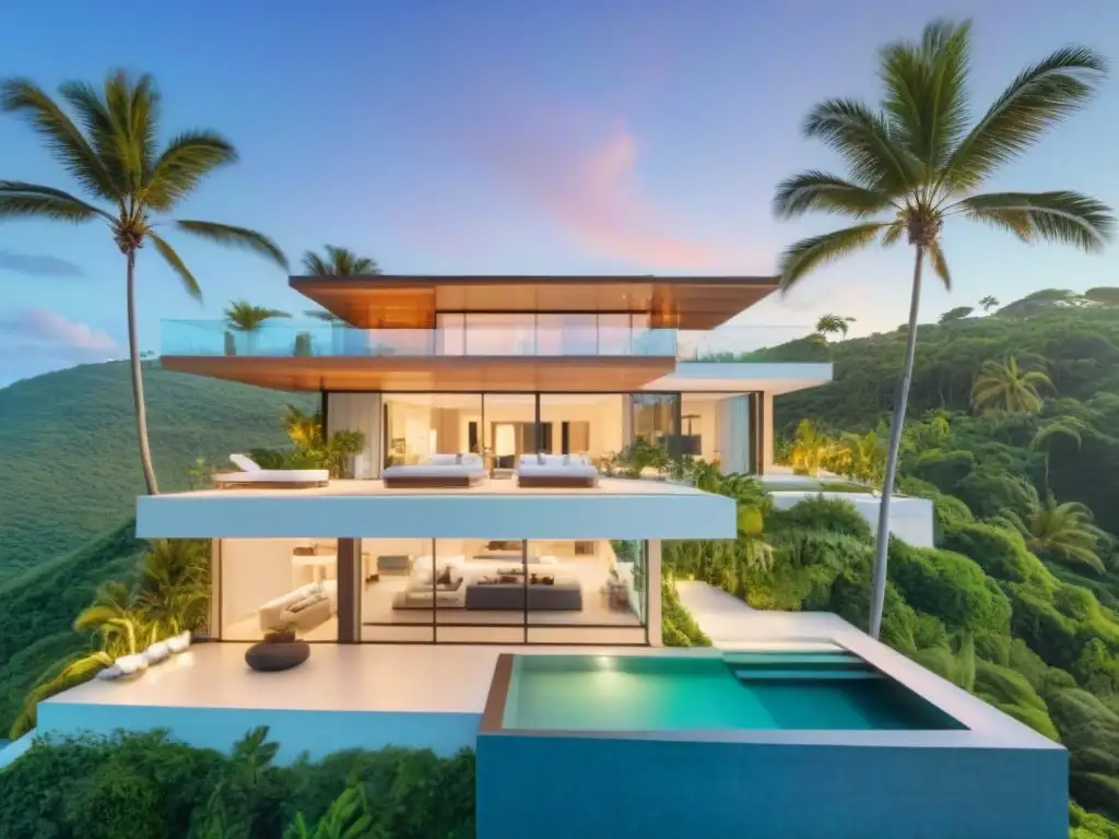 Residencia de lujo en acantilado con piscina infinita y vistas al mar Elegante mansión exclusiva en acantilado con piscina infinita y vistas al mar turquesa al atardecer