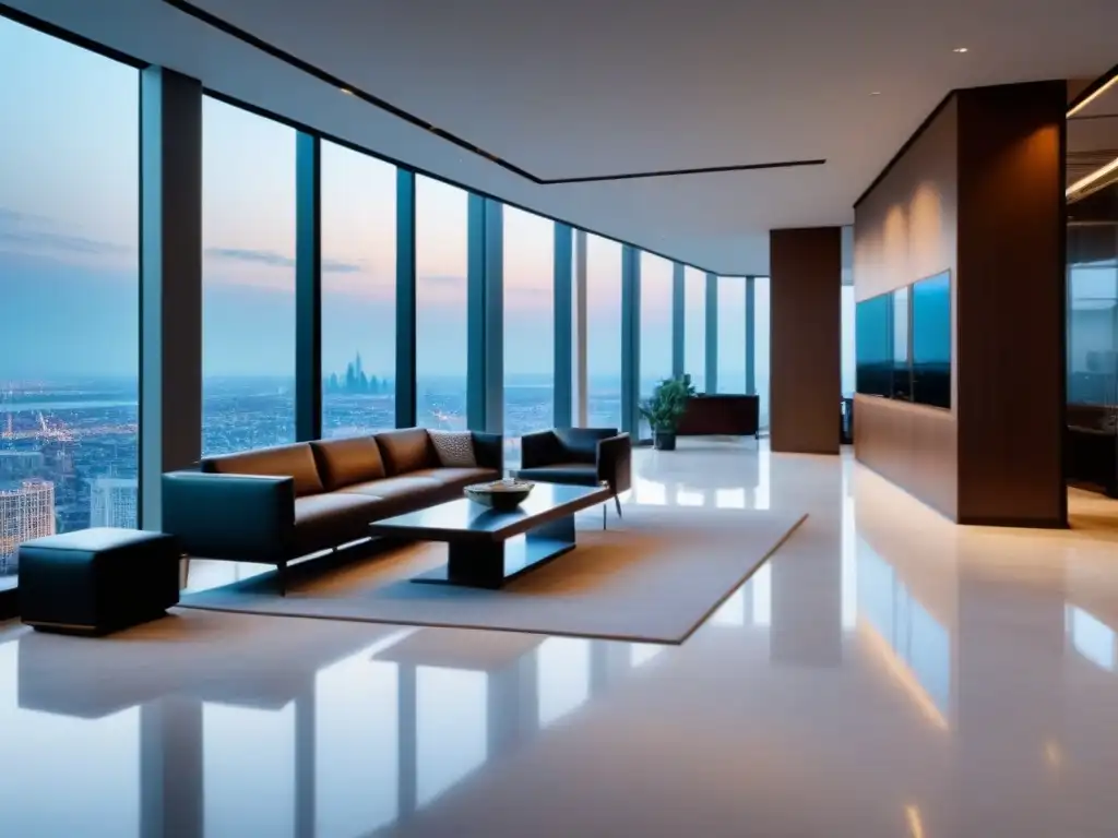 Diseño de oficina inmobiliaria moderna y elegante Un elegante y moderno vestíbulo de oficina inmobiliaria, con suelo de mármol y vista a la ciudad