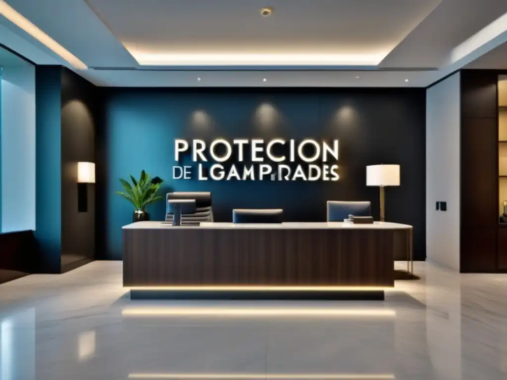 Recepción legal exclusiva: Protección para Propiedades de Tiempo Compartido Elegante oficina legal con 'Protección Legal para Propiedades de Tiempo Compartido', mobiliario moderno y luz natural