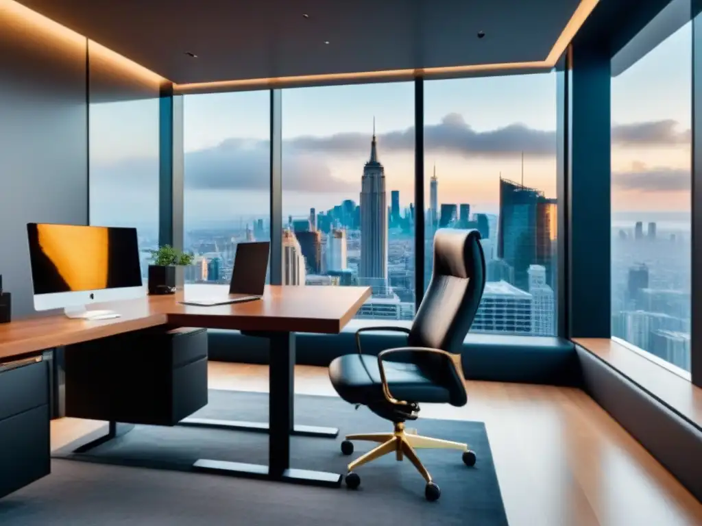 Oficina de lujo con vista a la ciudad: elegancia y modernidad Elegante oficina moderna con vista a la ciudad, mobiliario contemporáneo y arte sofisticado
