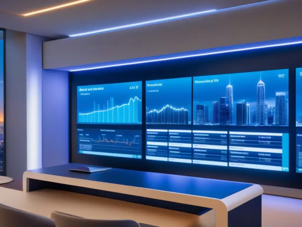 Tablero de control futurista para gestión de propiedades Un elegante panel de control futurista para la gestión de propiedades, con gráficos interactivos y datos en tiempo real