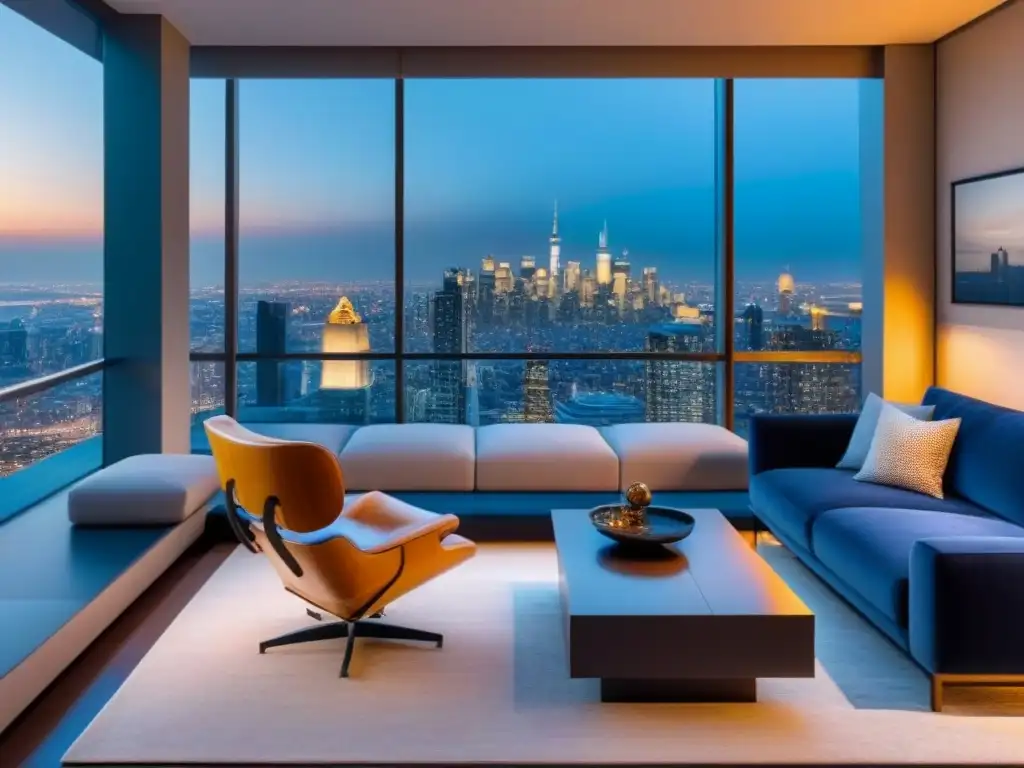 Penthouse de lujo con vistas panorámicas en metrópolis Elegante penthouse moderno con vista a la ciudad, decoración minimalista y terraza panorámica