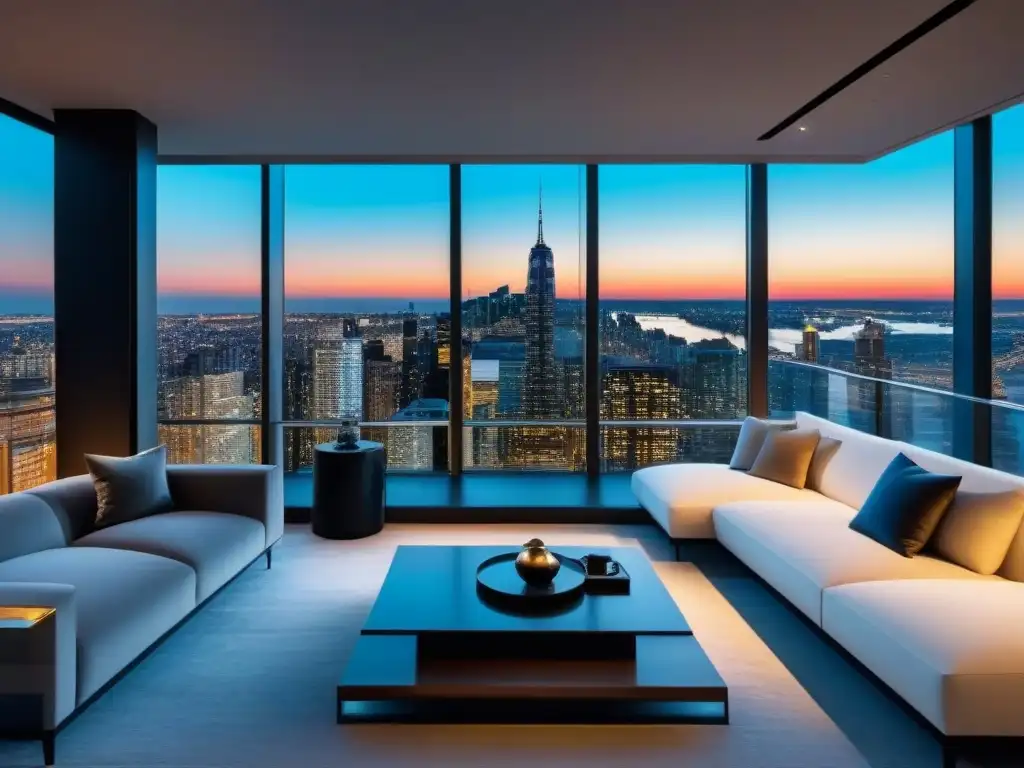 Penthouse moderno con vista nocturna de la ciudad y diseño sofisticado Un elegante penthouse moderno con vista nocturna de la ciudad