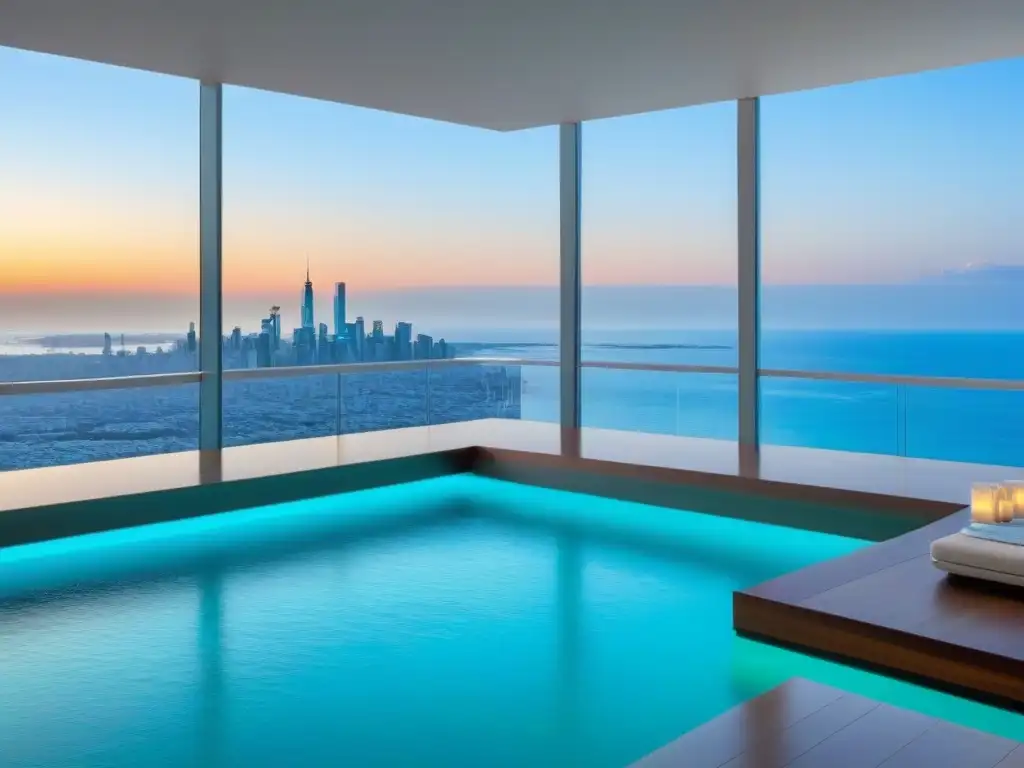 Penthouse de lujo con vista al mar y ciudad vibrante Elegante penthouse moderno con vista al mar turquesa y ciudad vibrante