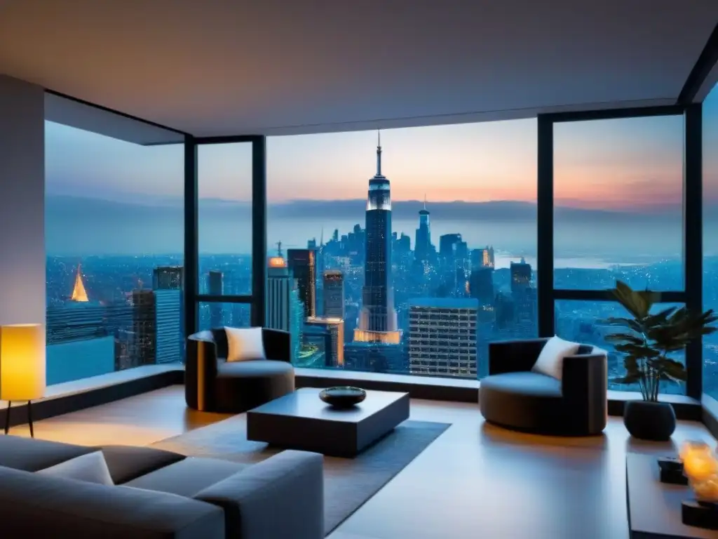 Penthouse de lujo con vista panorámica en ciudad vibrante Elegante penthouse moderno con vista a la ciudad, mobiliario contemporáneo y diseño minimalista de lujo