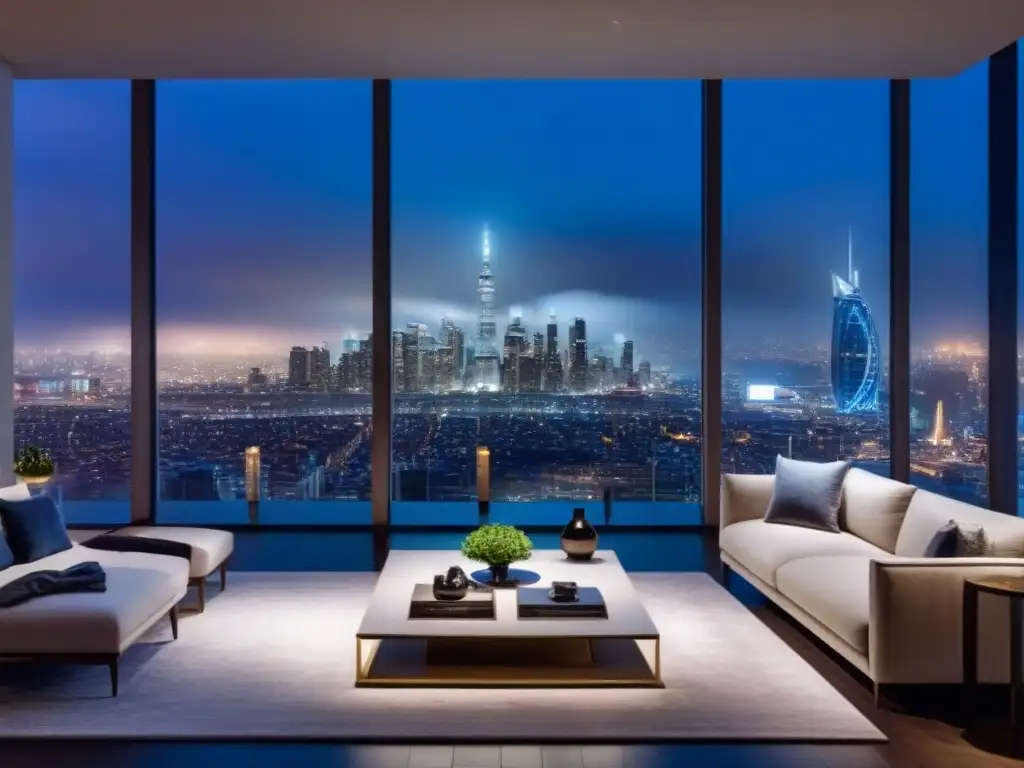 Penthouse de lujo con diseño contemporáneo y vistas nocturnas de la ciudad Elegante penthouse moderno con vista a la ciudad de noche, decoración lujosa y exclusiva