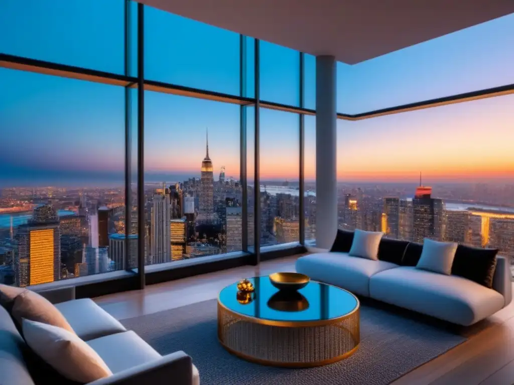 Penthouse de lujo con vista panorámica al atardecer Elegante penthouse moderno con vista a la ciudad al atardecer
