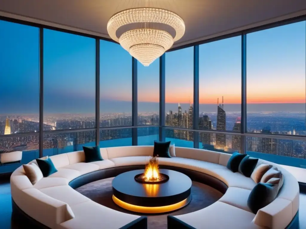 Penthouse de lujo con vistas a la ciudad al atardecer Elegante penthouse moderno con vistas a la ciudad al atardecer, ideal para compradores de propiedad de lujo