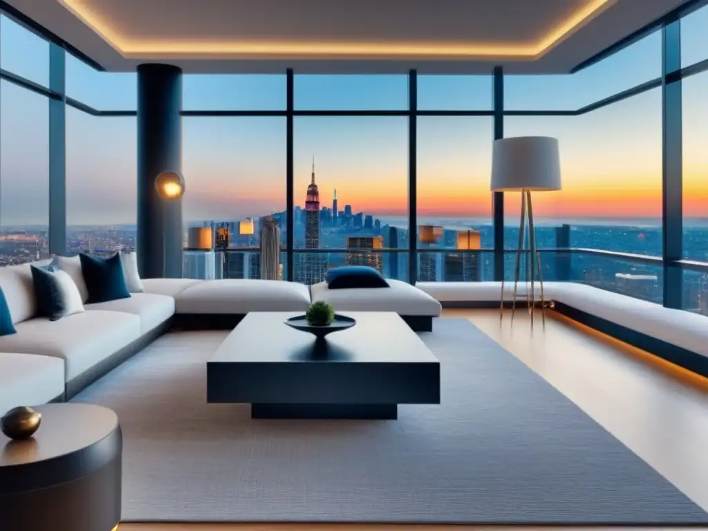 Penthouse de lujo con vistas urbanas en 8k Un elegante penthouse moderno con vistas a la ciudad, ideal para marketing inmobiliario internacional en videos de YouTube