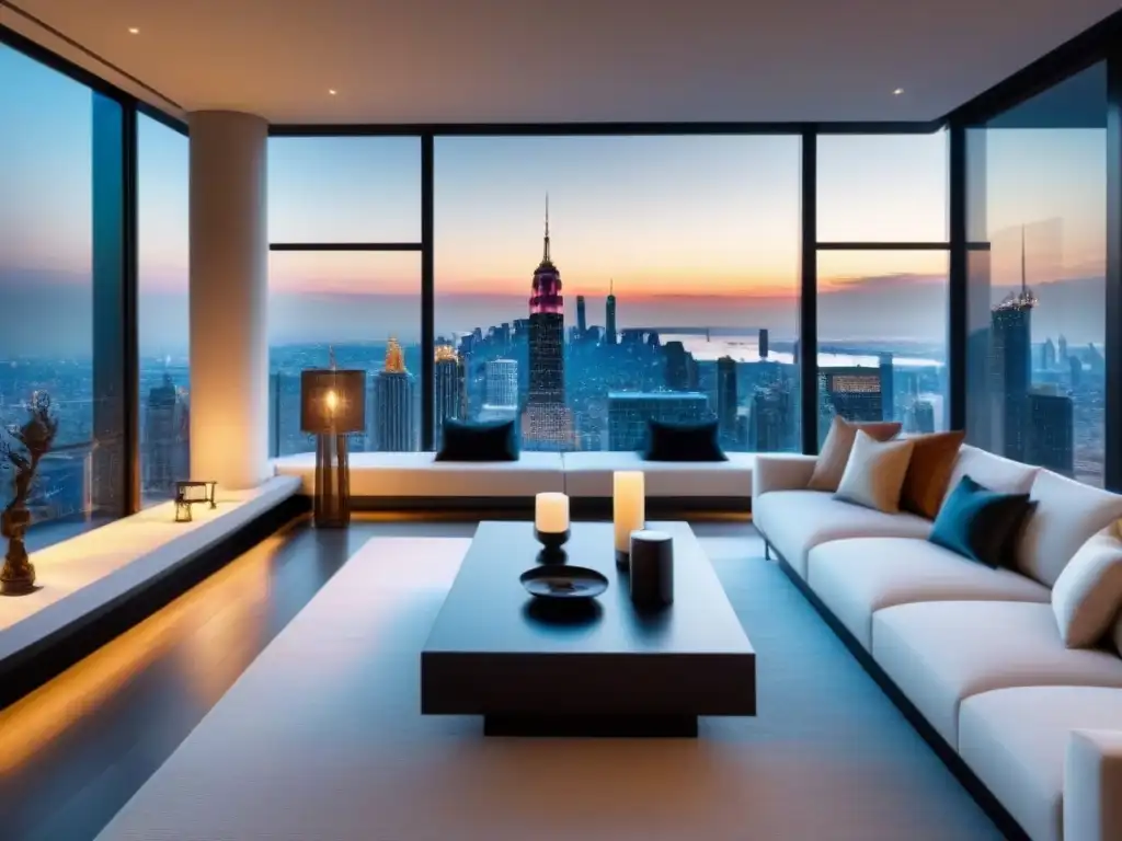 Penthouse de lujo con vistas panorámicas a la ciudad Elegante penthouse moderno con vistas a la ciudad, mobiliario contemporáneo y terraza panorámica