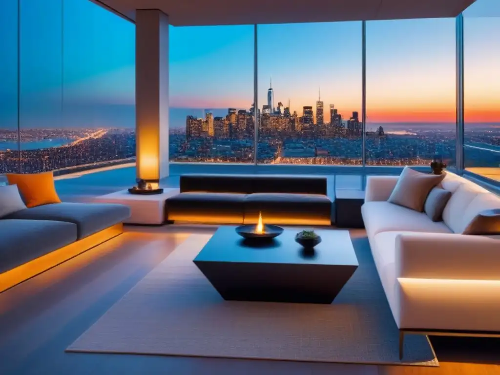 Penthouse de lujo con vistas panorámicas en la ciudad Elegante penthouse moderno con vistas panorámicas a la ciudad al atardecer