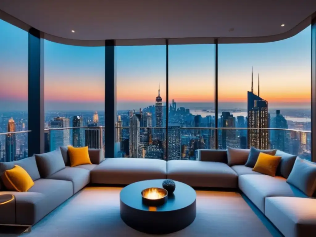 Penthouse de lujo con vista panorámica a la ciudad Elegante penthouse moderno con vistas a la ciudad, decoración de lujo y propiedades de lujo mercado global