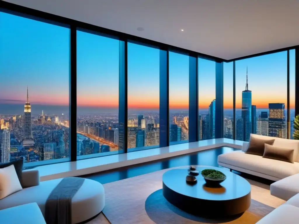 Penthouse de lujo con vista panorámica a la ciudad Elegante penthouse moderno con vistas a la ciudad, mobiliario de lujo y diseño contemporáneo