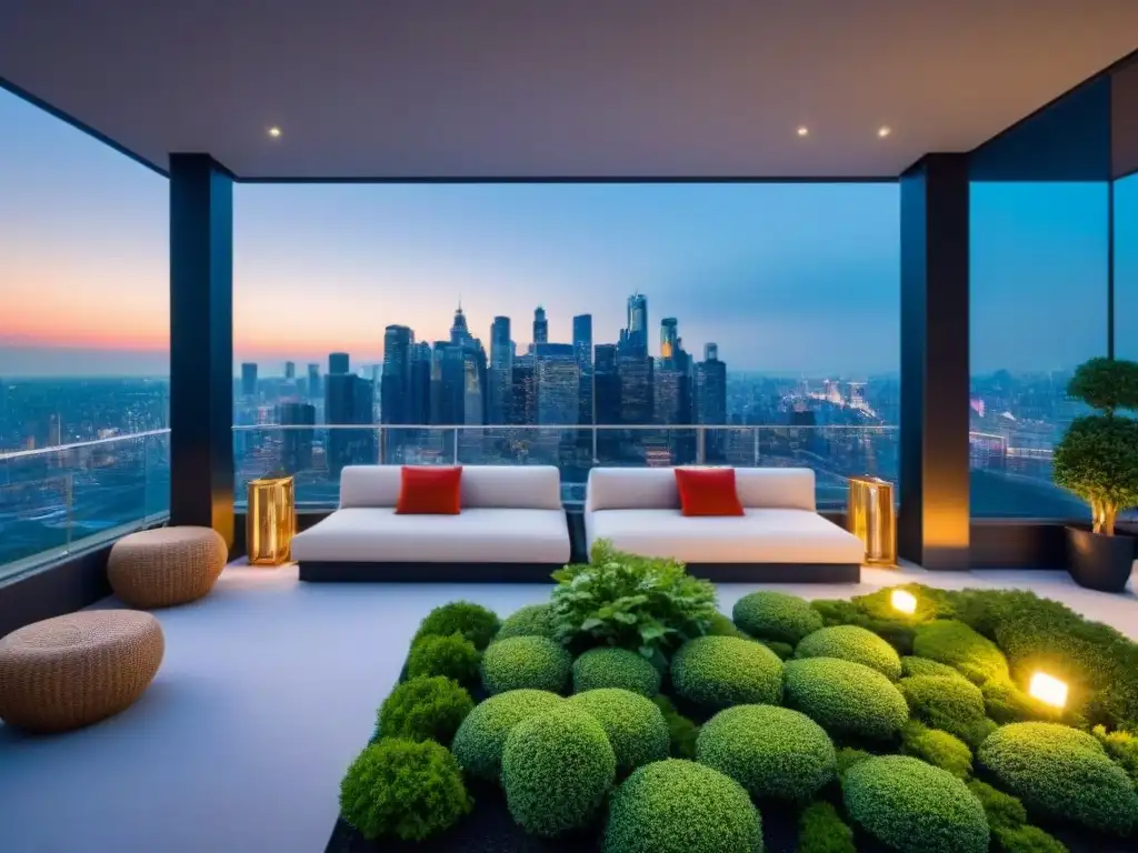 Rooftop de lujo con jardín verde y elegante lounge al aire libre Elegante penthouse con jardín en techo verde, lujo y arquitectura se funden en perfecta armonía