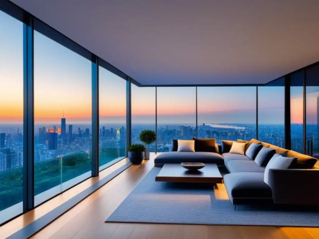 Penthouse de lujo con vista panorámica en ciudad al atardecer Elegante penthouse urbano con diseño moderno y estrategias anticíclicas mercado inmobiliario