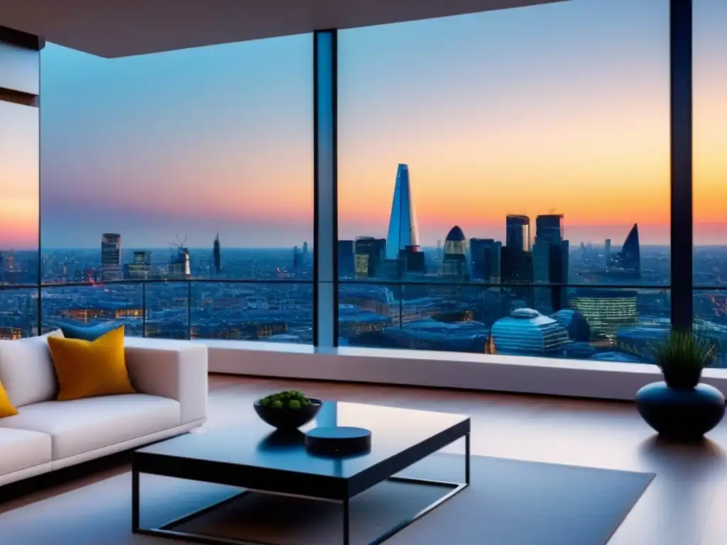 Penthouse de lujo con vista panorámica en Londres Elegante penthouse en Londres con vista al atardecer, diseño moderno y muebles de lujo