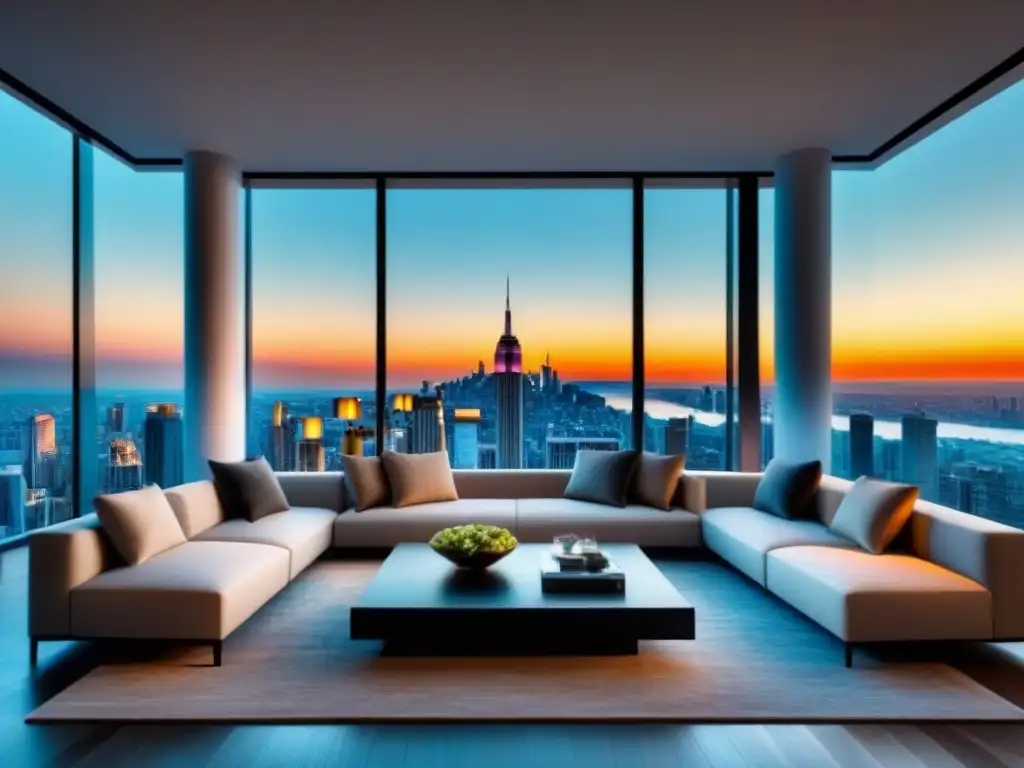 Exclusivo penthouse moderno con vista panorámica a la ciudad Un elegante penthouse con vista a la ciudad, mobiliario contemporáneo y arte refinado