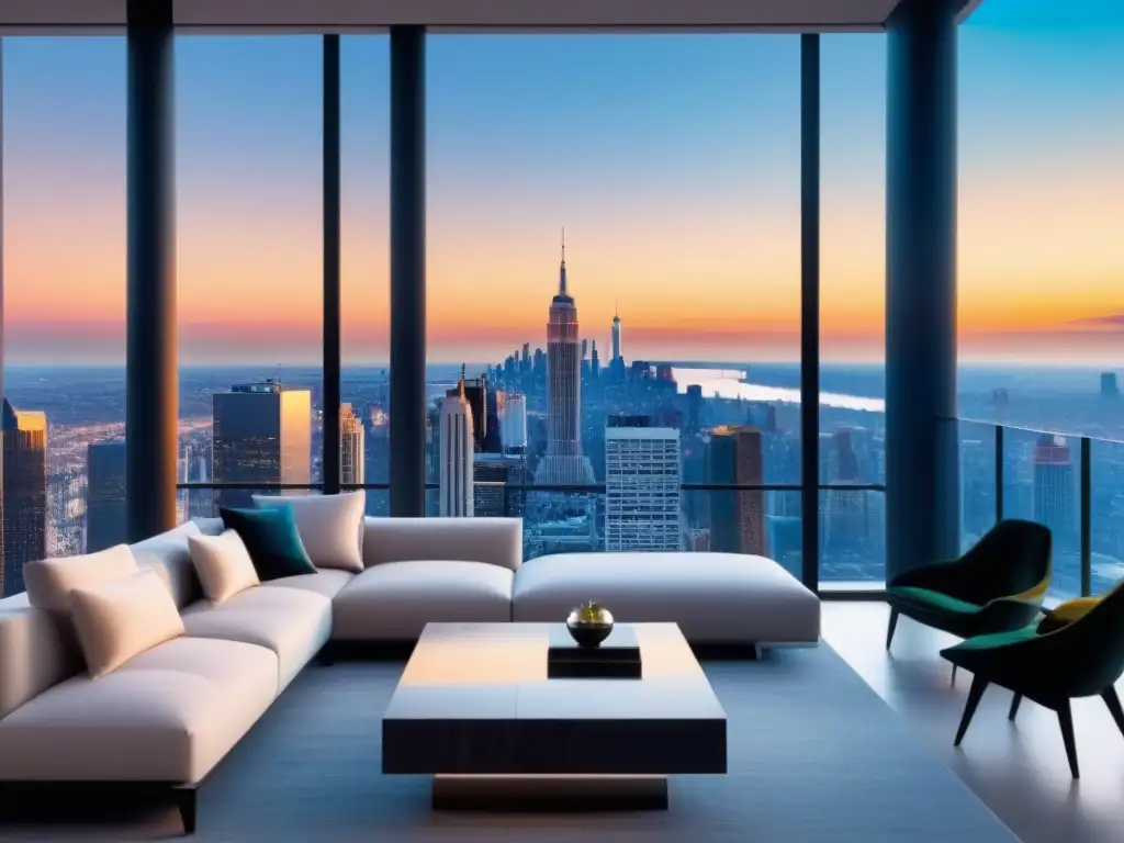 Penthouse de lujo con vistas urbanas y diseño contemporáneo Elegante penthouse con vista a la ciudad, decoración contemporánea y diseño minimalista