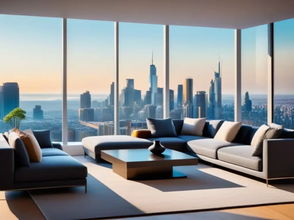 Penthouse de lujo con vistas panorámicas y diseño elegante Elegante penthouse con vista a la ciudad, decorado con lujo y estilo