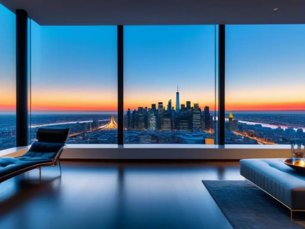 Penthouse de lujo con vista panorámica a la ciudad y diseño moderno Elegante penthouse con vista a la ciudad, mobiliario contemporáneo y decoración elegante, ideal para el marketing influencer bienes raíces consumidor