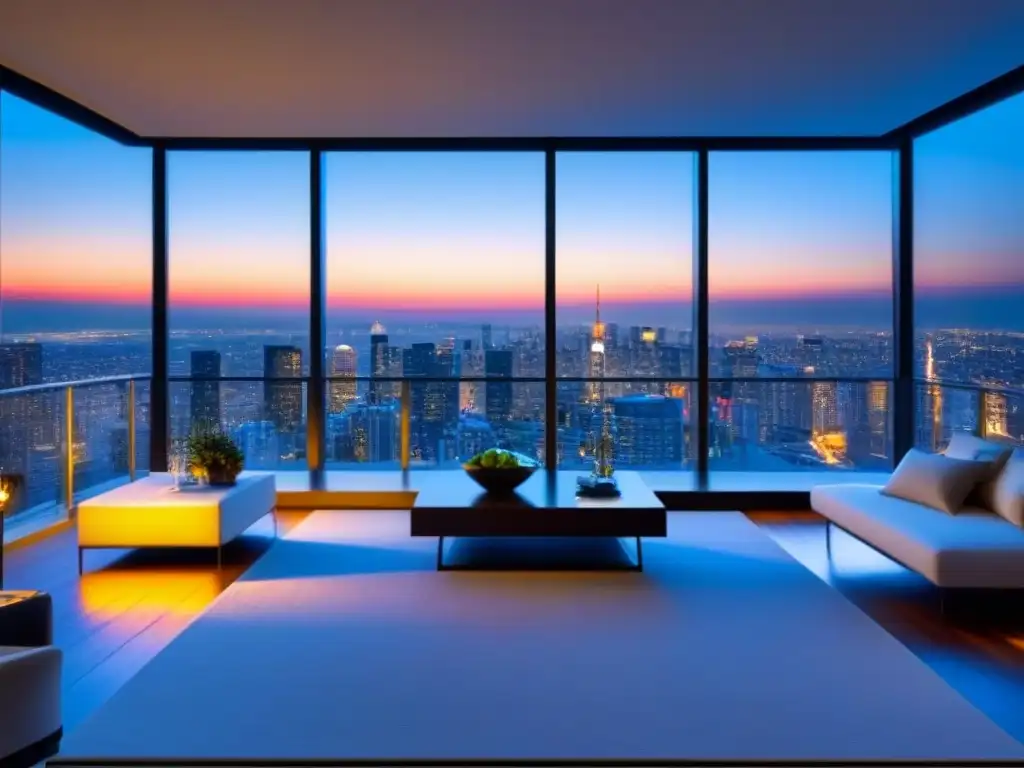 Penthouse de lujo con vista nocturna a la ciudad Elegante penthouse con vista nocturna de la ciudad, decoración moderna y oportunidades inversión mercado inmobiliario internacional